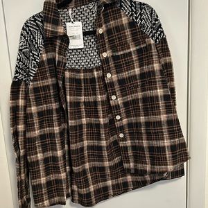 free people collared plaid shirt with knitted insert on shoulder upper back XS
